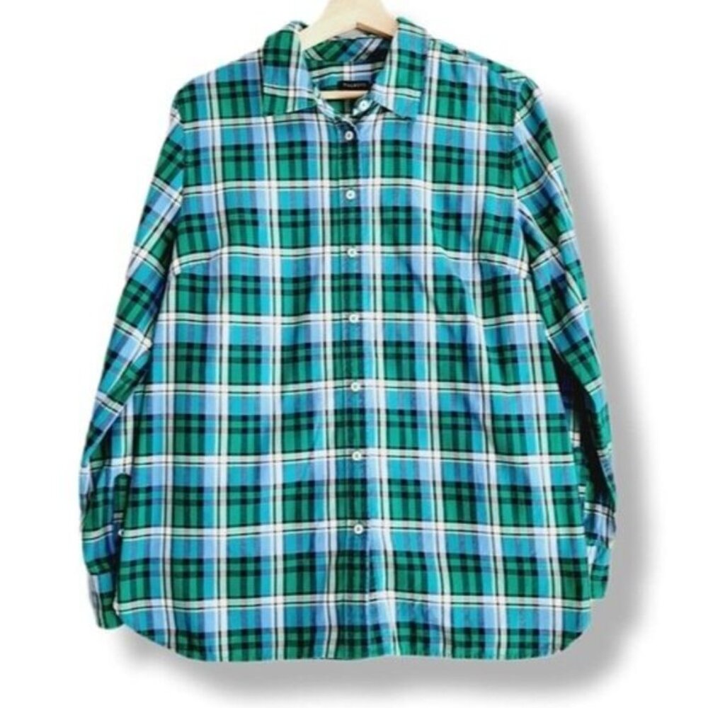 TALBOTS 100% Cotton Plaid Button Front Shirt Blue & Green Sz L